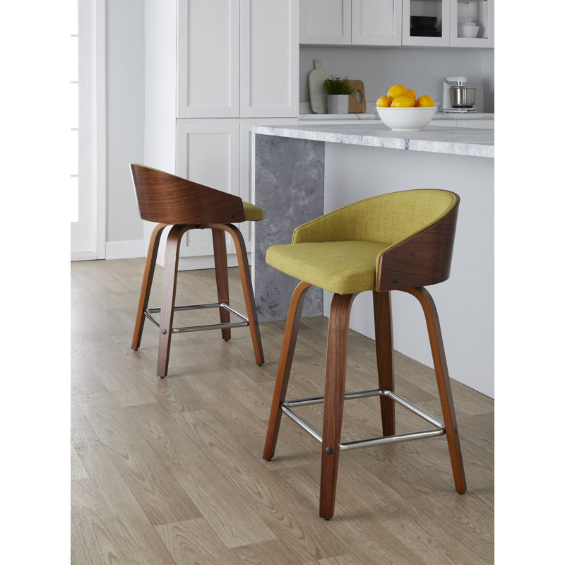 LumiSource Shiraz 30 Mid Century Modern Fixed Height Barstool With Swivel In Walnut Wood With Green Fabric With Square Chrome Footrest Set Of 2 Wayfair